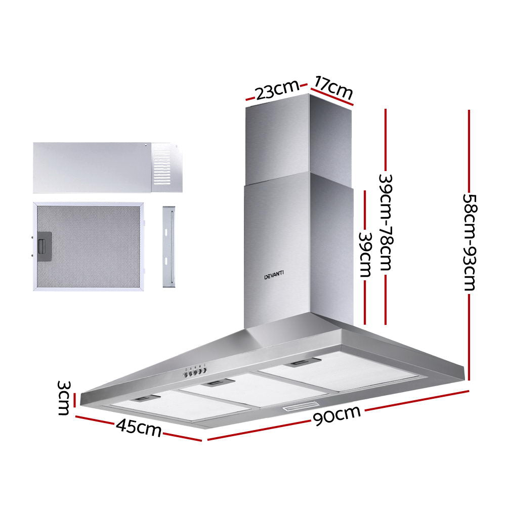 Devanti Range Hood 90cm Wall Mount Stainless Steel