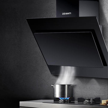 Devanti Angled Range Hood 90cm Black Glass Wall Mount