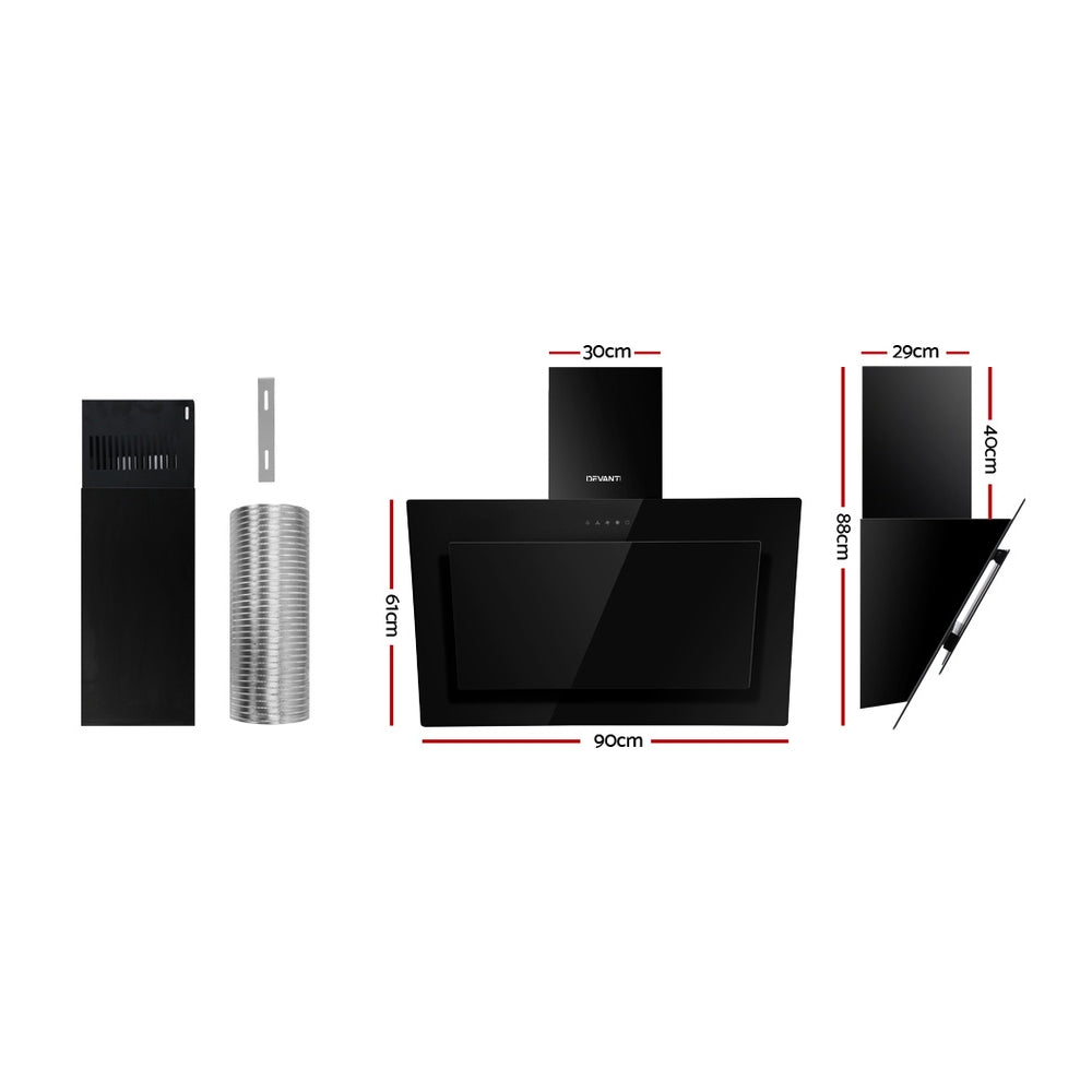 Devanti Angled Range Hood 90cm Black Glass Wall Mount