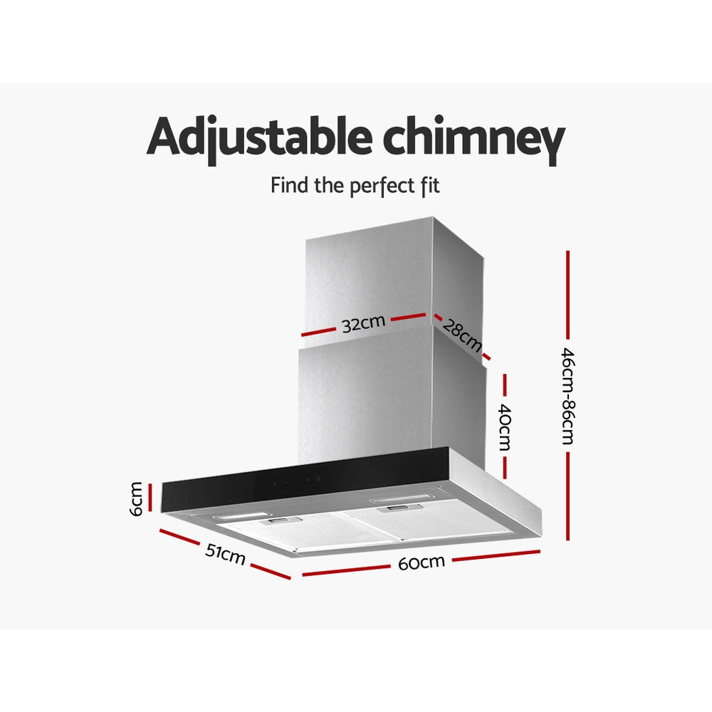 Devanti Range Hood 60cm Black Glass Stainless Steel