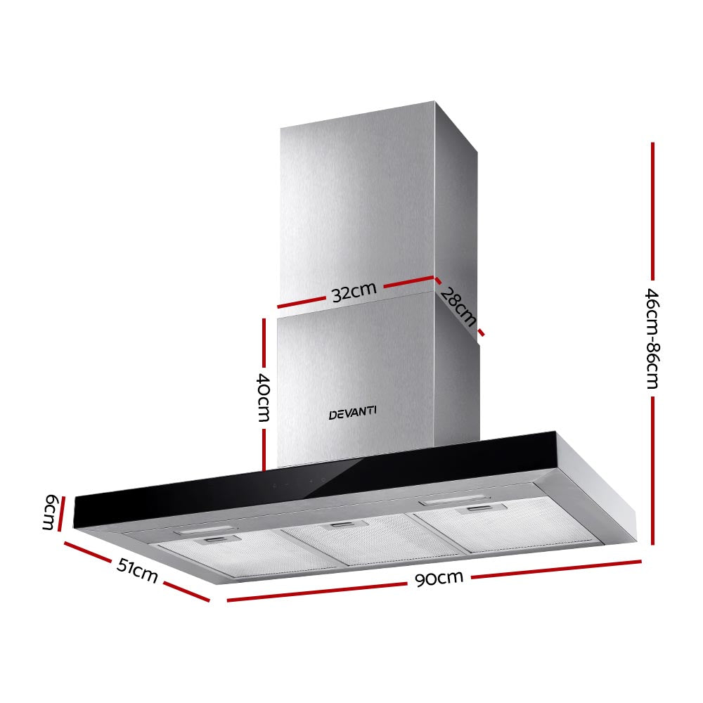Devanti Range Hood Wall Mounted 1150m3/h LED Lights Black Glass
