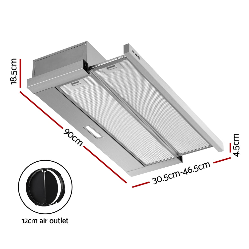 Devanti Range Hood 90cm Slide-out 160m3/h Extraction Silver