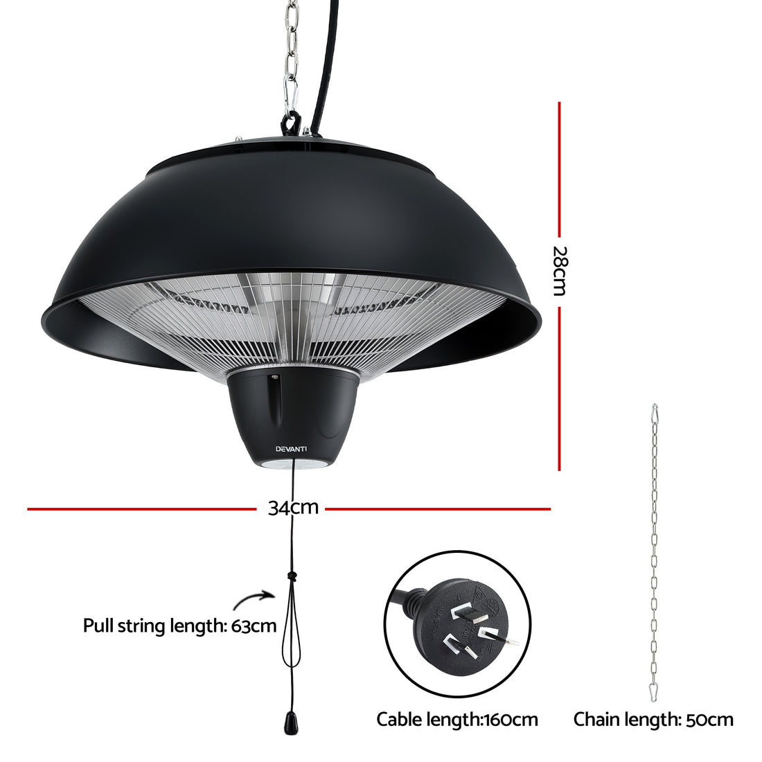 Devanti 1500W Patio Infrared Heater Hanging Ceiling Mount Black
