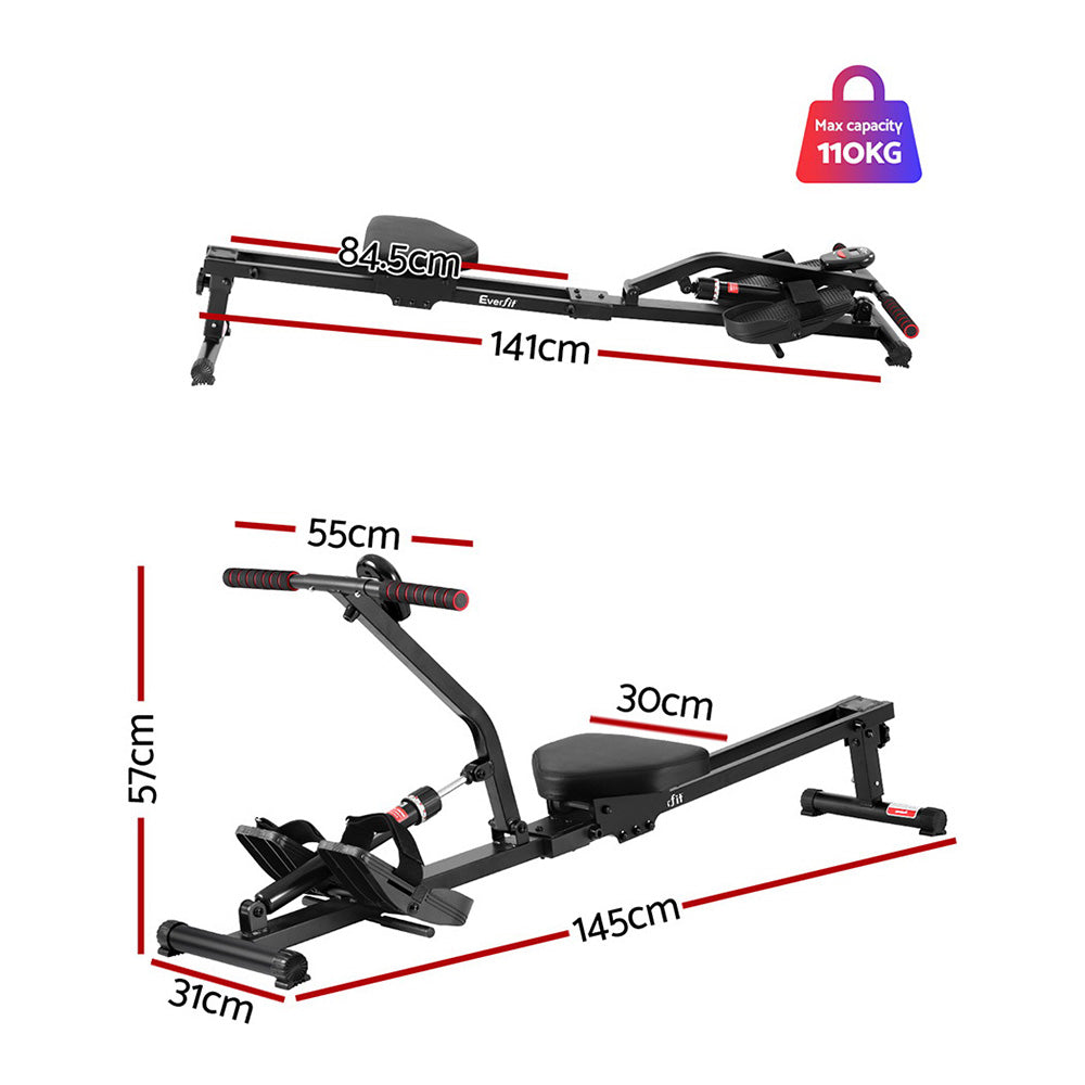 Everfit Hydraulic Rowing Machine 12 Level Foldable Home Gym Black
