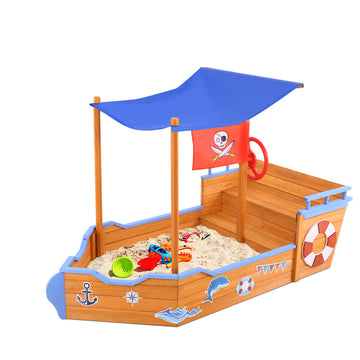 Keezi Boat Sand Pit Canopy Timber Steering Wheel 165cm Natural