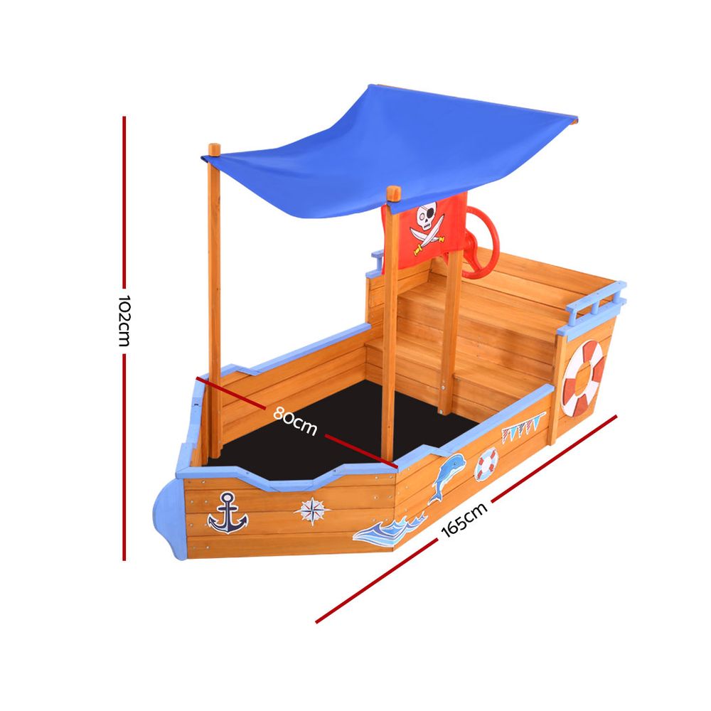 Keezi Boat Sand Pit Canopy Timber Steering Wheel 165cm Natural