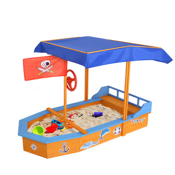 Keezi Jumbo Boat Sand Pit Canopy Timber Steering Wheel 150cm Natural
