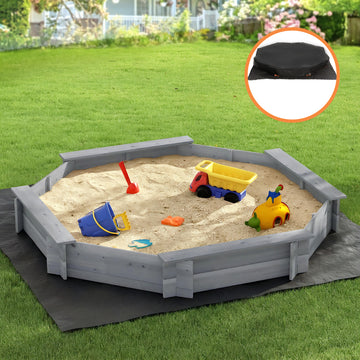 Keezi Kids Octagonal Sandpit with Bench Seat 182cm Grey