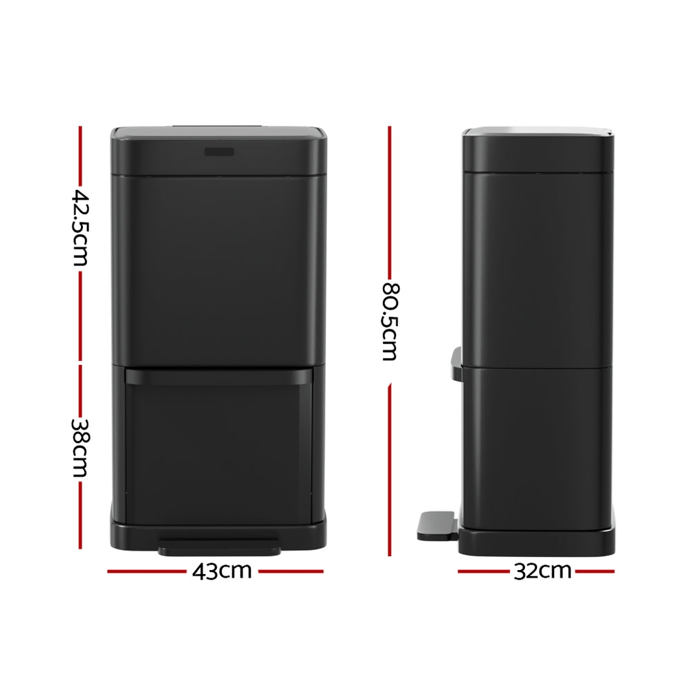 Devanti Dual Compartment Recycling Bin 70L Hands-Free Black