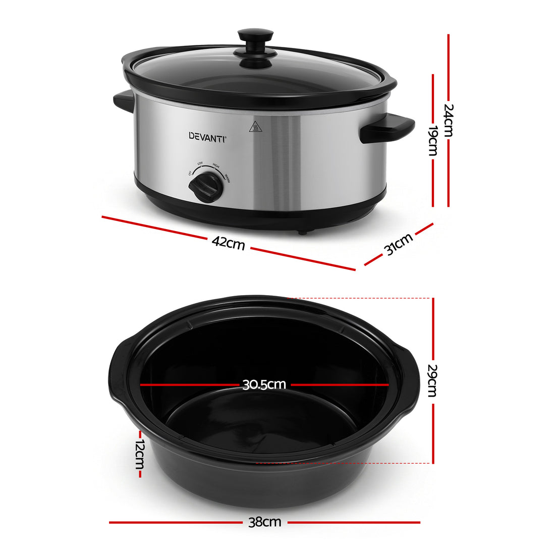 Devanti 6.5L Slow Cooker Electric Multi Cooker Keep Warm 3 Heat Settings Silver