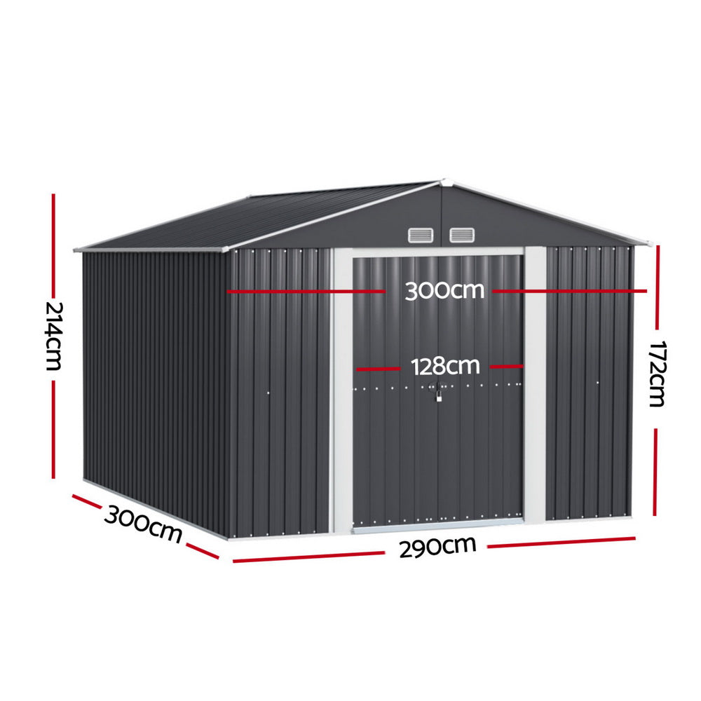 Giantz Metal Garden Shed Double Sliding Doors Lockable 3x3M Grey