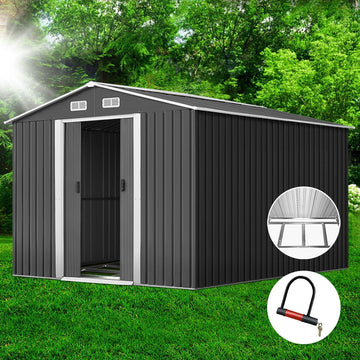 Giantz XL Metal Garden Shed Gabled Roof with Metal Base Grey