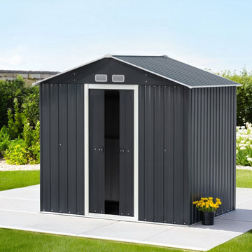 Giantz Metal Garden Shed Gabled Roof Outdoor Storage Sliding Doors Grey