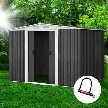 Giantz Metal Garden Shed Gable Roof Lockable Sliding Doors Grey