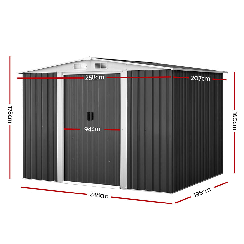 Giantz Metal Garden Shed Gable Roof Lockable Sliding Doors Grey