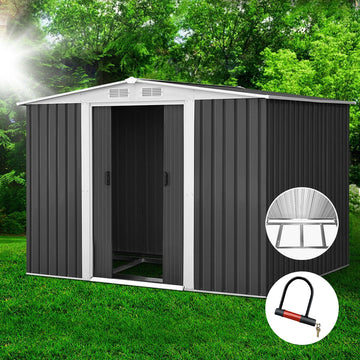 Giantz Metal Garden Shed Gable Roof with Metal Base Sliding Doors Grey