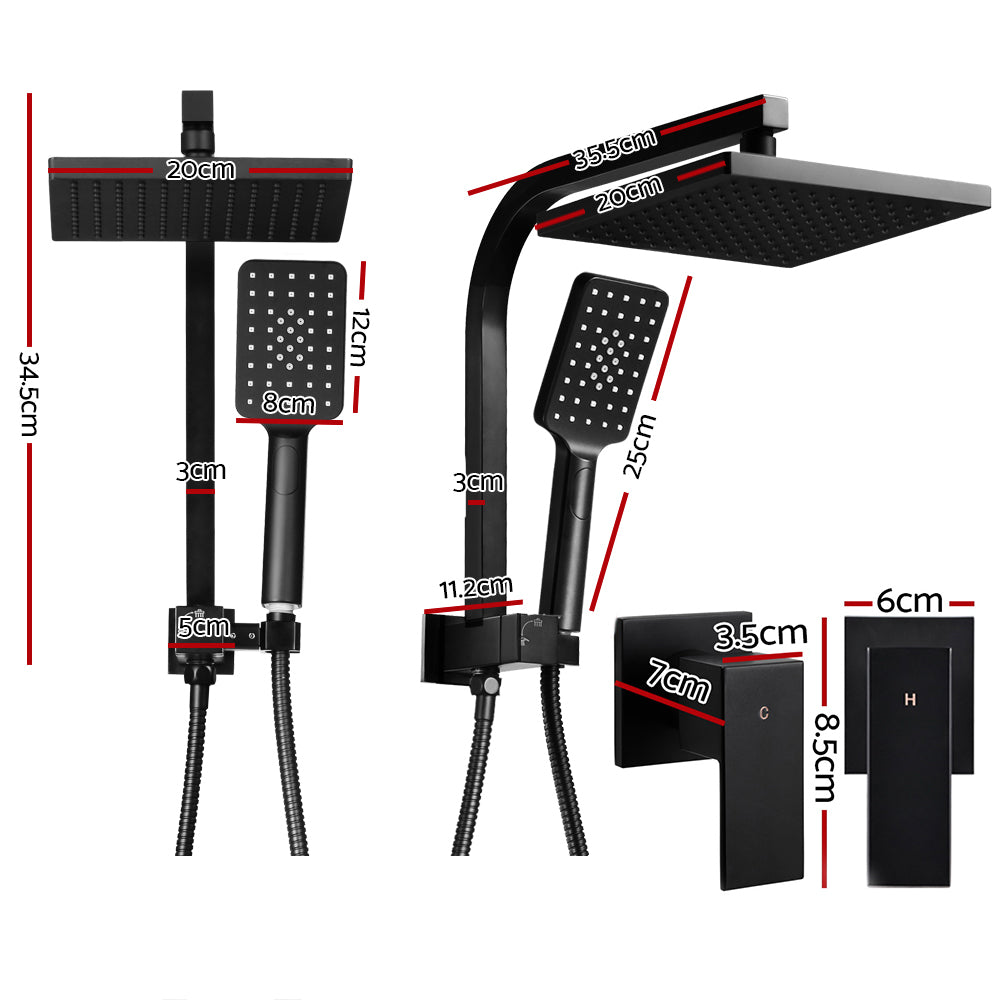 Cefito Square Matte Black Shower System with Rainfall Head Handheld and Twin Taps 20cm