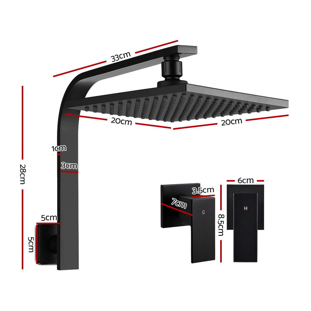 Cefito Square Shower Head Wall Mount with Twin Taps Matte Black 20cm