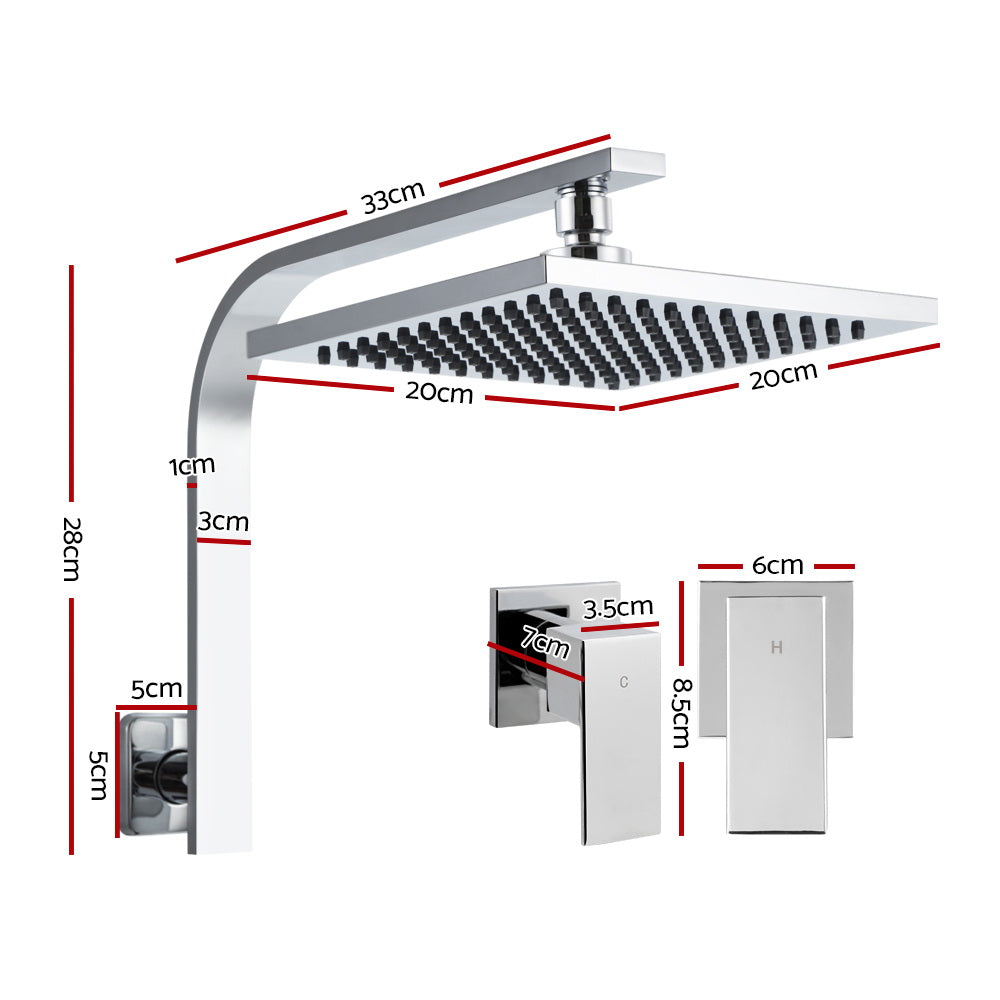 Cefito Square Shower Head Wall Mount with Twin Taps Chrome 20cm
