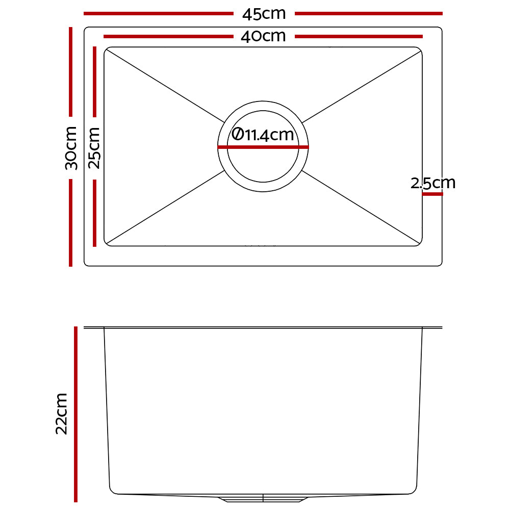 Cefito Kitchen Sink 45x30cm 304 Stainless Steel Single Bowl Silver
