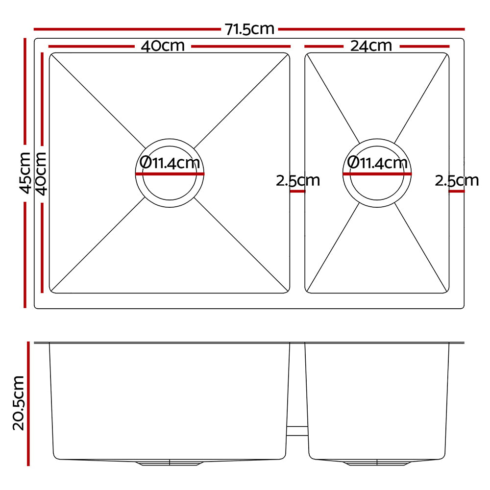 Cefito 71x45cm Stainless Steel Double Bowl Kitchen Sink Silver