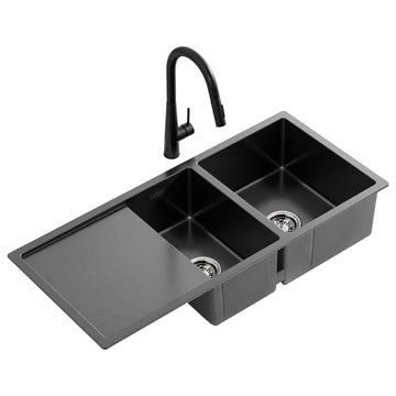 Cefito Kitchen Sink Double Bowl 100x45CM with Pull Out Tap Black