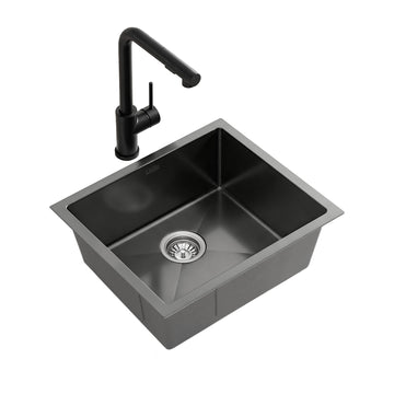Cefito Kitchen Sink Square Single Bowl 44x44CM with Pull Out Tap Black