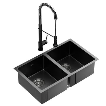 Cefito 77cm Stainless Steel Double Bowl Kitchen Sink with Pull Out Tap