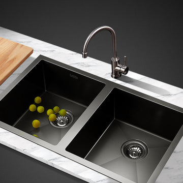 Cefito 77x45cm Nano Black Double Bowl Kitchen Sink Stainless Steel
