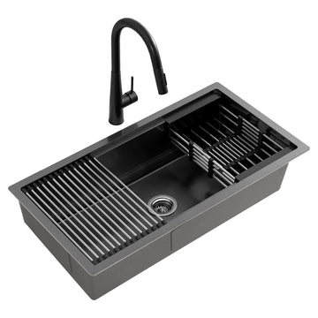 Cefito Kitchen Sink with Pull Out Tap Single Bowl 81cm Black