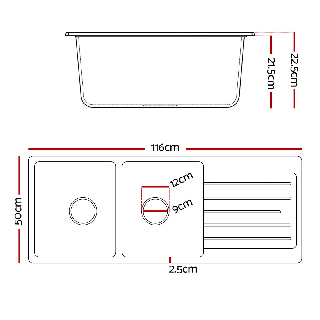 Cefito Granite Stone Kitchen Sink Double Bowl Black 116cm