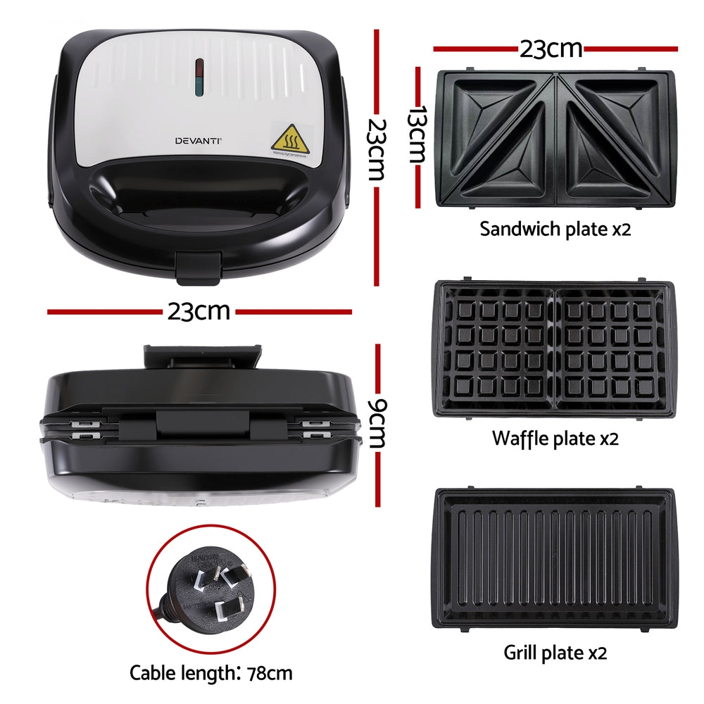 Devanti 3-in-1 Sandwich Press Waffle Maker 850W