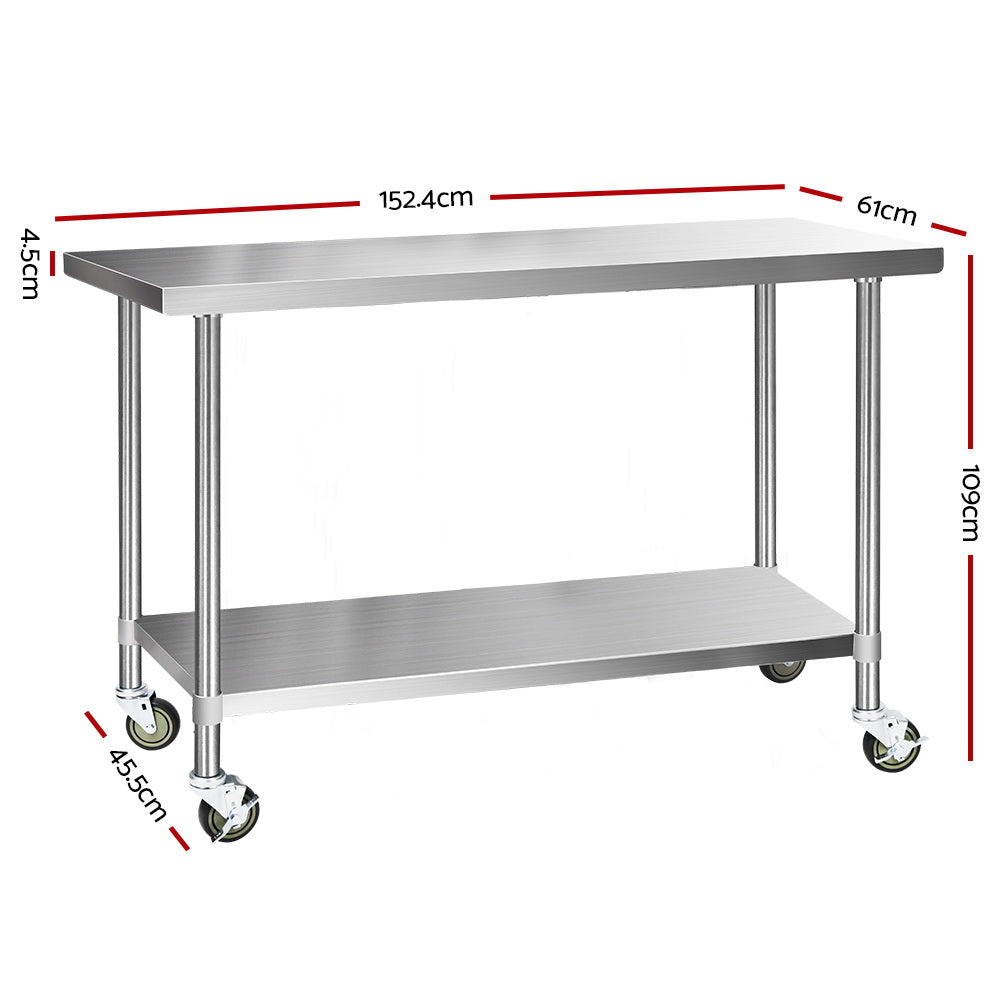 Cefito 304 Stainless Steel Kitchen Bench on Wheels 1524x610mm