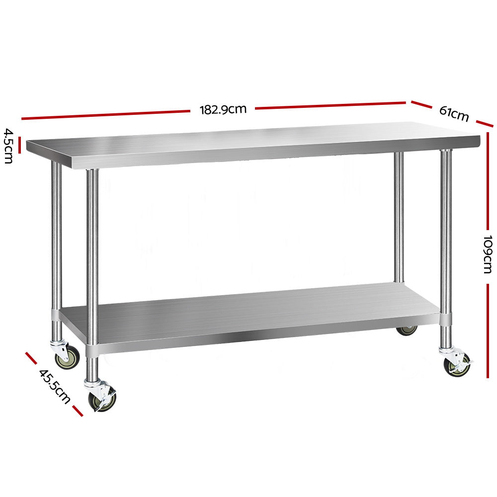 Cefito 304 Stainless Steel Kitchen Bench on Wheels 1829x610mm