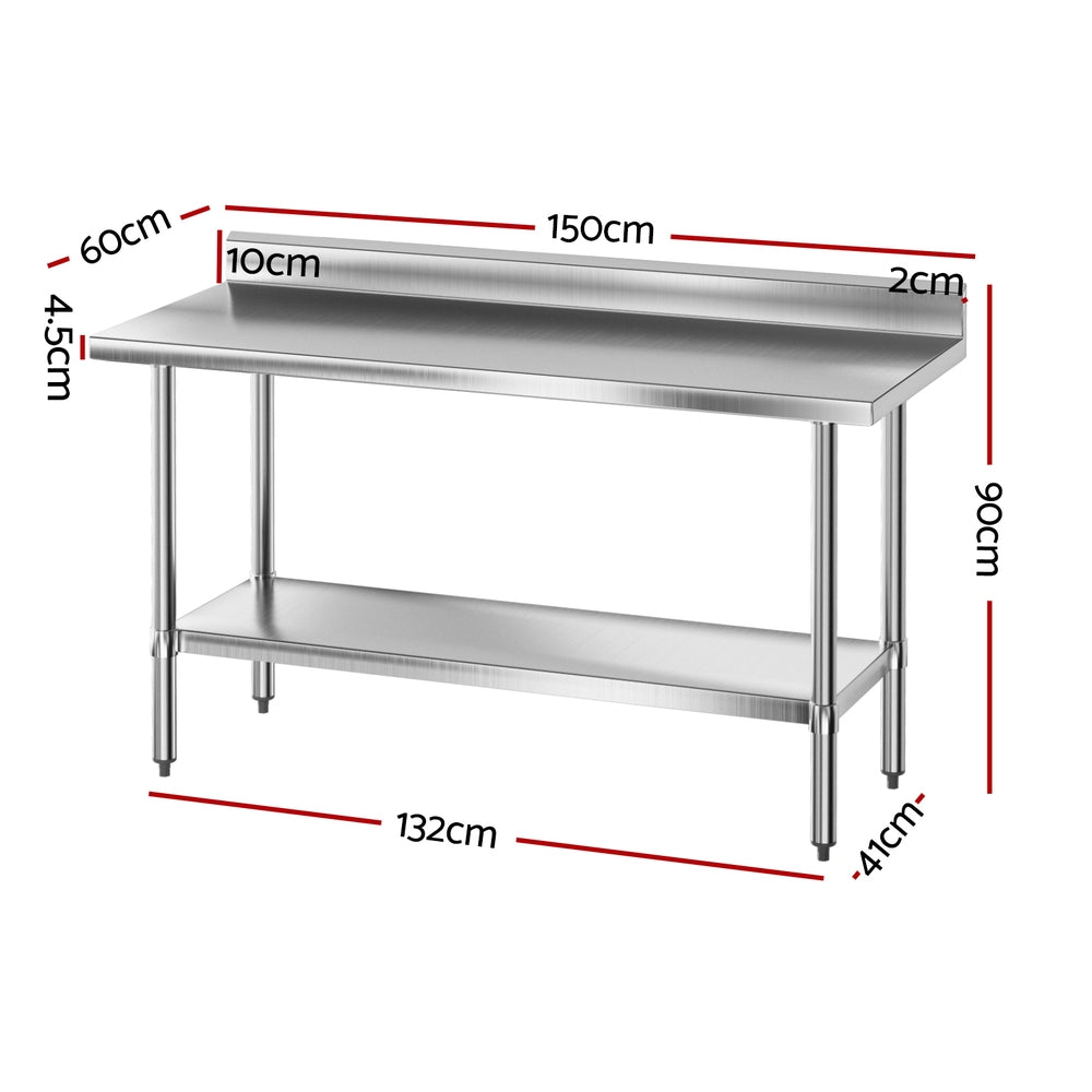 Cefito Stainless Steel Kitchen Bench with Splashback Heavy Duty 1500mm