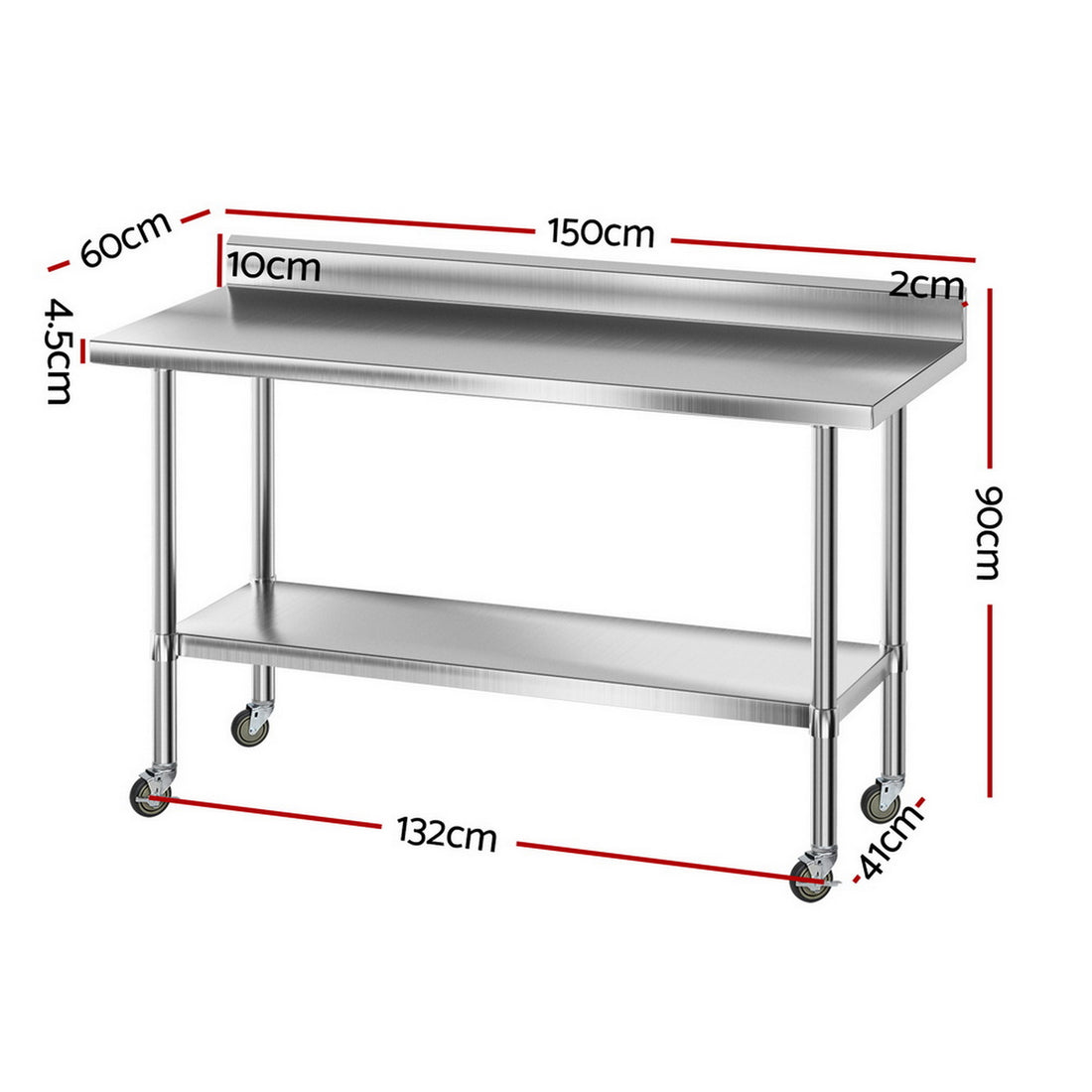 Cefito Commercial Kitchen Bench with Splashback 430 Stainless Steel 1500mm