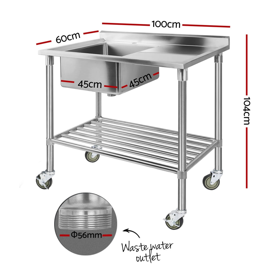 Cefito Stainless Steel Sink Bench on Wheels 100x60cm