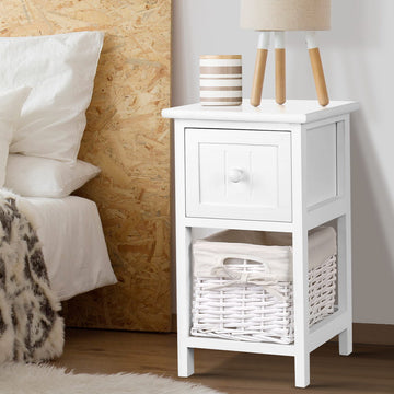Artiss Claire Bedside Table Set of 2 with Wicker Basket White