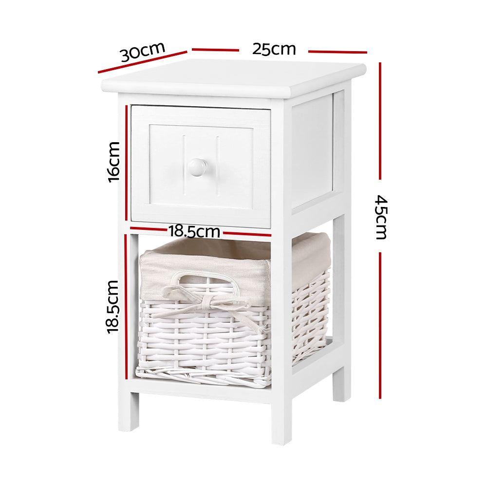 Artiss Claire Bedside Table Set of 2 with Wicker Basket White