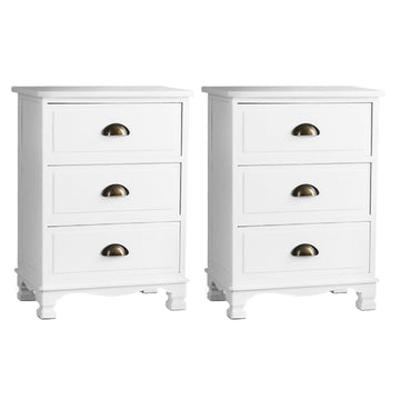 Artiss 2x Vintage 3 Drawer Bedside Table Thyme White Paulownia Wood