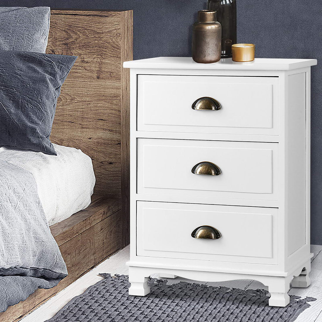 Artiss 2x Vintage 3 Drawer Bedside Table Thyme White Paulownia Wood