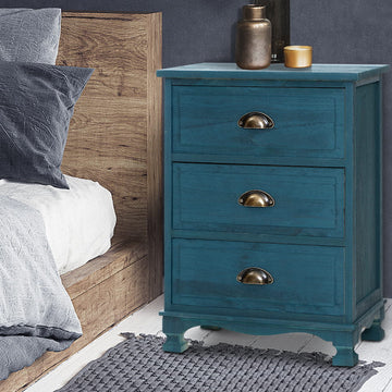 Artiss 3 Drawer Bedside Table Thyme Blue Paulownia Wood