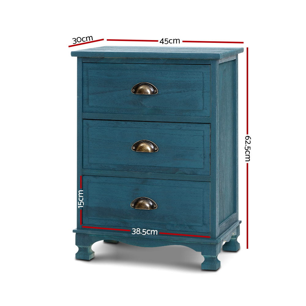 Artiss 3 Drawer Bedside Table Thyme Blue Paulownia Wood