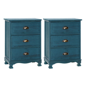 Artiss 2x Vintage 3 Drawer Bedside Table Thyme Blue Paulownia Wood