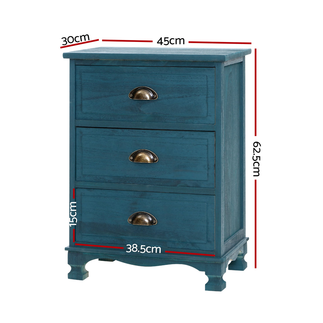 Artiss 2x Vintage 3 Drawer Bedside Table Thyme Blue Paulownia Wood