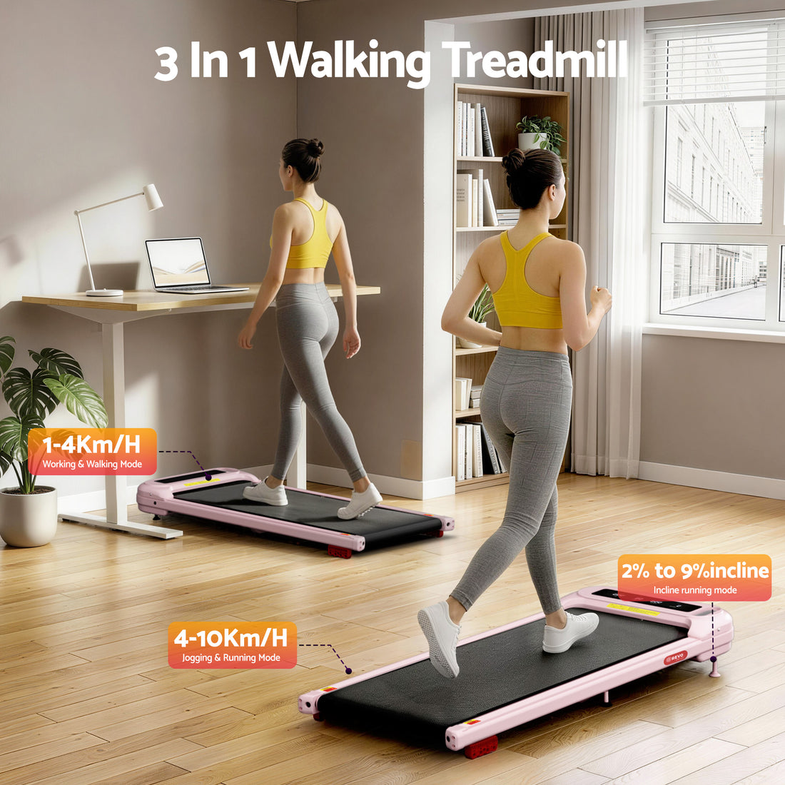 Everfit Walking Pad Under Desk Treadmill with Incline Pink 400mm