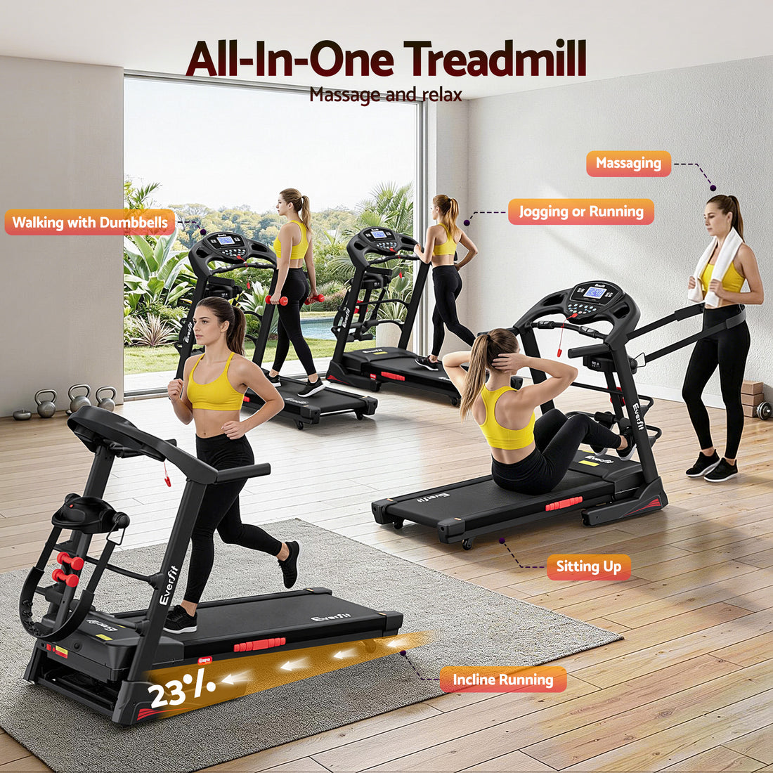 Everfit Treadmill with Massager for Home Gym 480mm