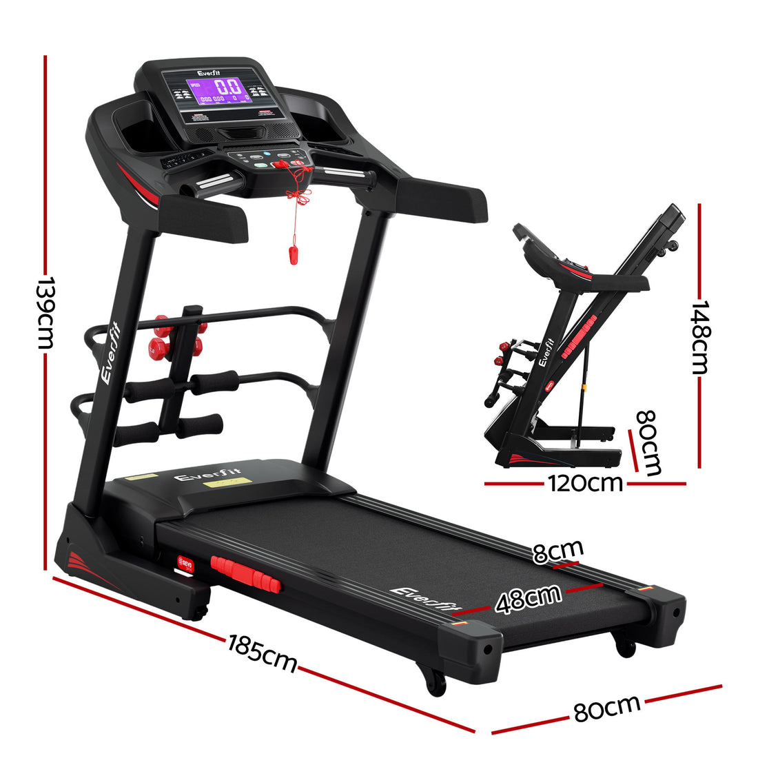 Everfit Treadmill with Sit Up Bar 480mm Black Red