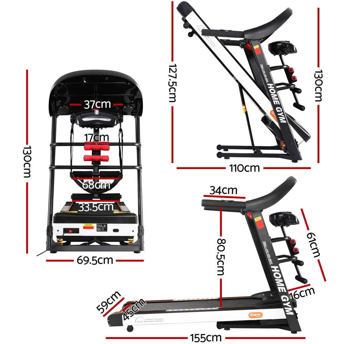 Everfit Treadmill with Massage Belt Sit-Up Bar and Dumbbells Black White