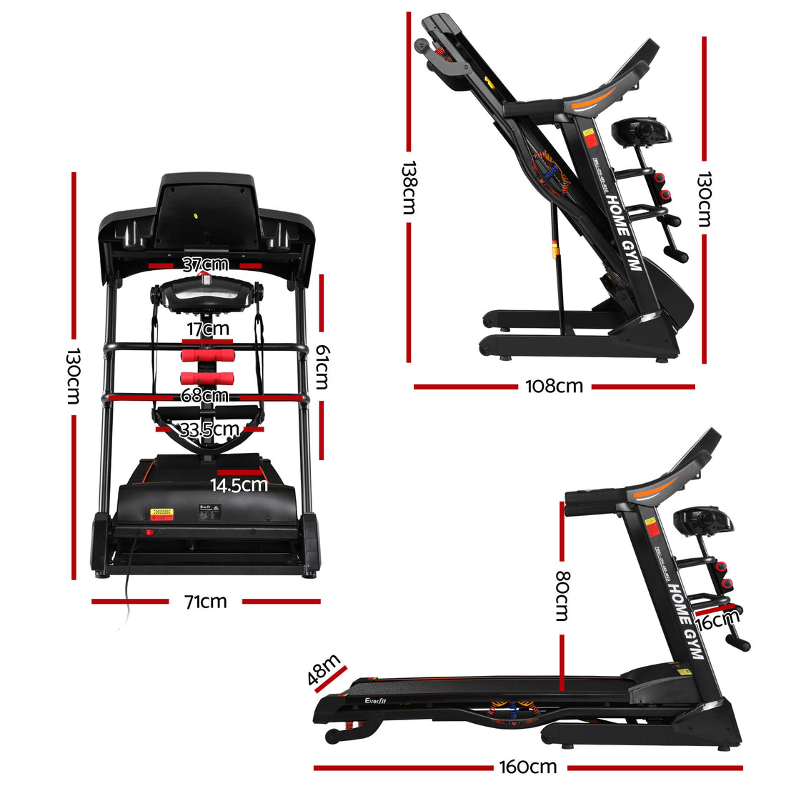 Everfit Treadmill with Massage Belt Sit-Up Bar and Dumbbells Black